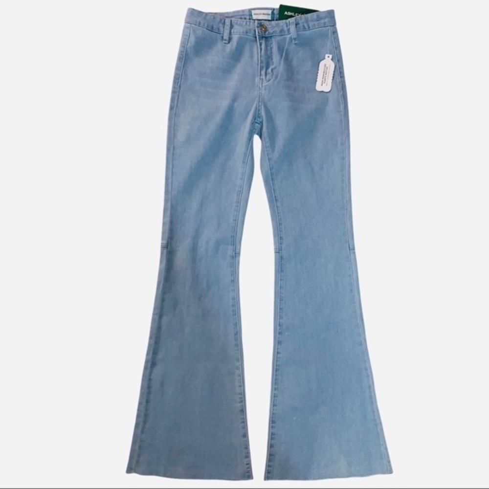Ashley Mason 3/26 flare leg jeans light blue wash w lace up back midrise raw hem